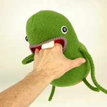 Load image into Gallery viewer, green cute monster plush toy eating persons hand