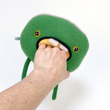 Load image into Gallery viewer, Tripp the green my friend monster™ wool sweater upcycled stuffy

