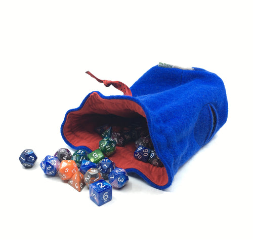 blue drawstring bag with cyclops eye for holding dice