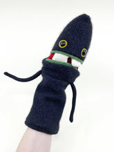 Load image into Gallery viewer, funny monster hand puppet with teeth made from a black wool sweater 
